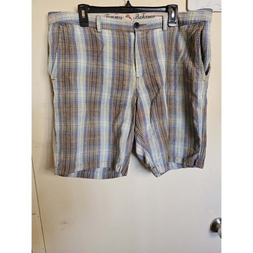 Tommy Bahama‎ Size 38 Linen Blend Plaid Shorts Blue Brown Resort Vacay